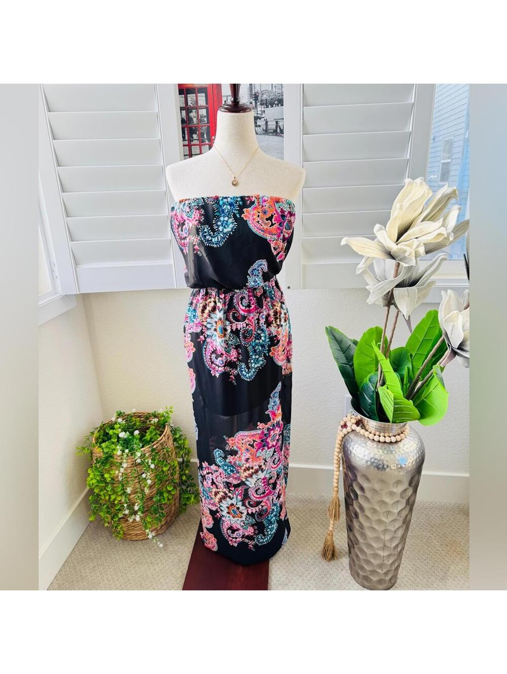 Express. Size S. Black Strapless Maxi Dress with Pink & Teal